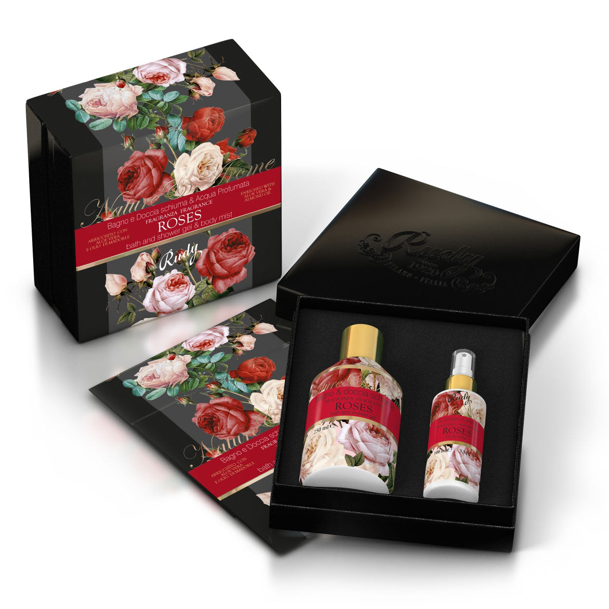 <b>Caja regalo con Espuma de Baño y Ducha 250 mL + Agua Perfumada 100 mL</b></br>Nature&Arome</br><i>linea rosas</i>