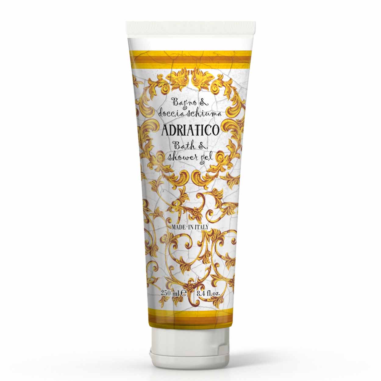 <p><b>Shower gel in Tube package 250 mL</b><br />
amber and jasmine<br />
<i>Adriatico range</i></p>
